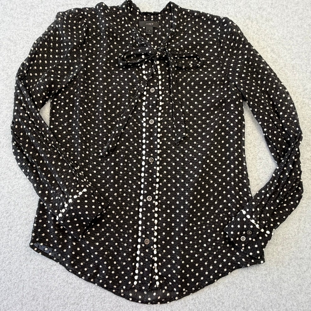 J.Crew Black White Polka Dot Silk Blend Tie Neck Bow Blouse Top Size 2